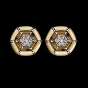 VINTAGE DIAMOND TIGER'S EYE MOTHER OF PEARL EARRINGS 14k WHITE GOLD HALO CLUSTER