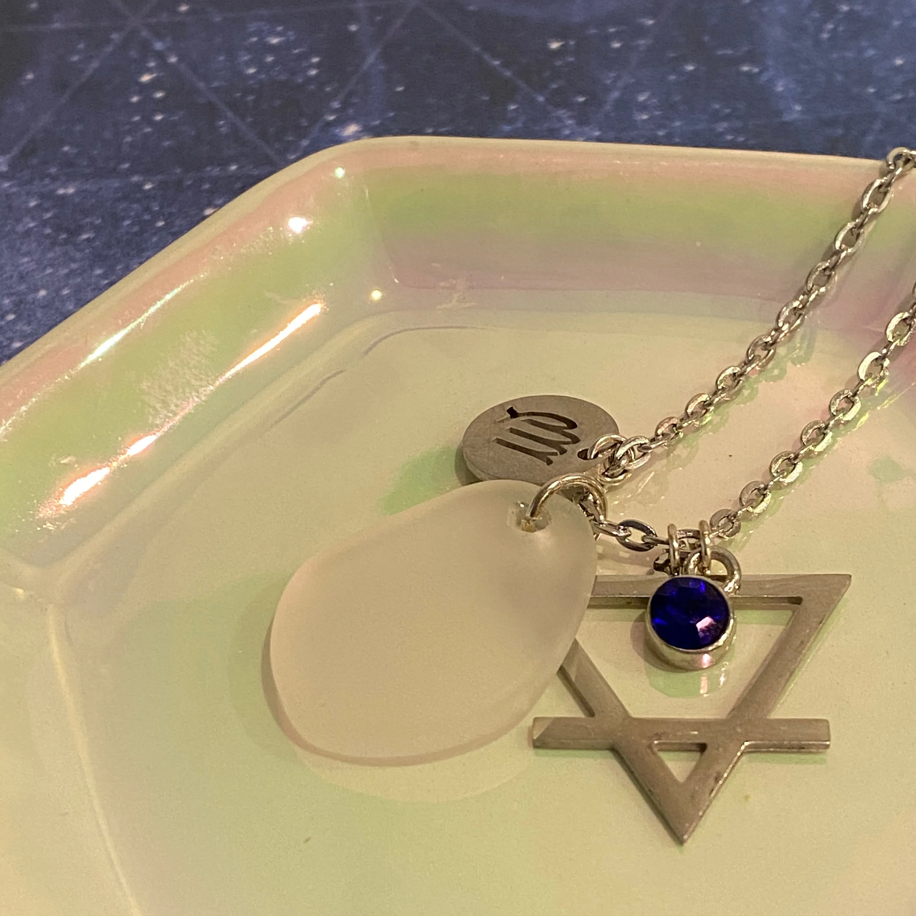 Virgo Constellation Necklace with White Sea Glass, Custom Birthstone, and Earth Element