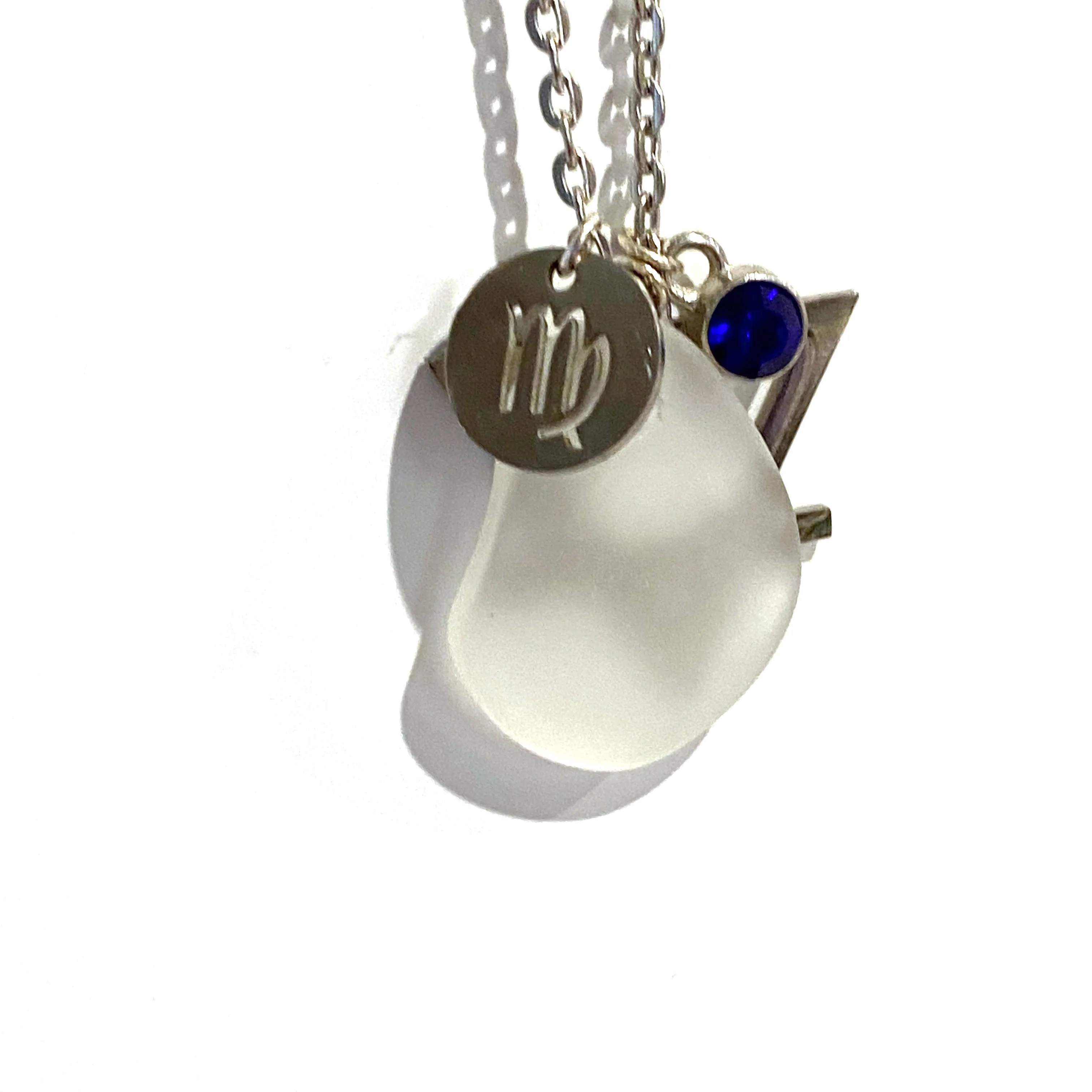 Virgo Constellation Necklace with White Sea Glass, Custom Birthstone, and Earth Element
