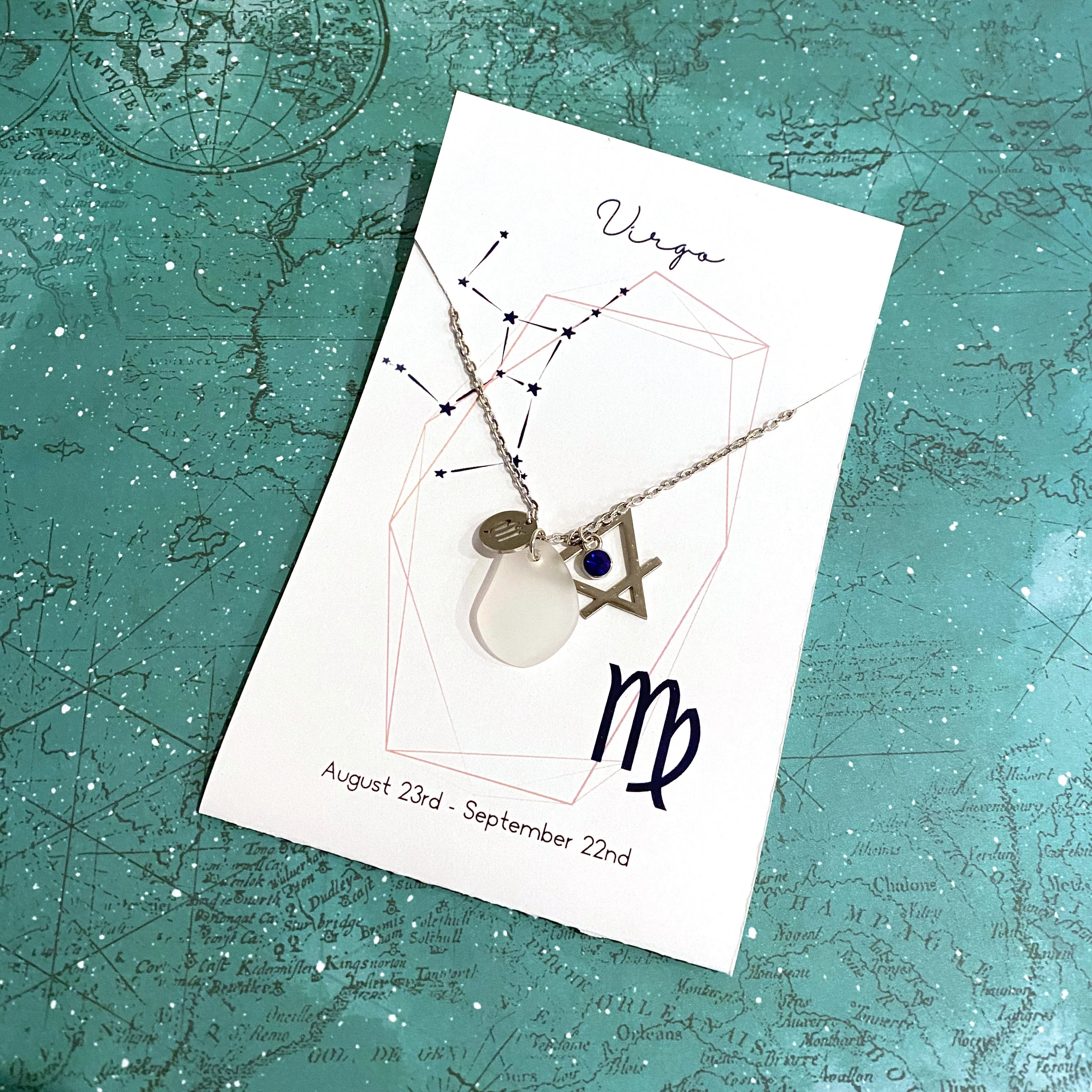Virgo Constellation Necklace with White Sea Glass, Custom Birthstone, and Earth Element