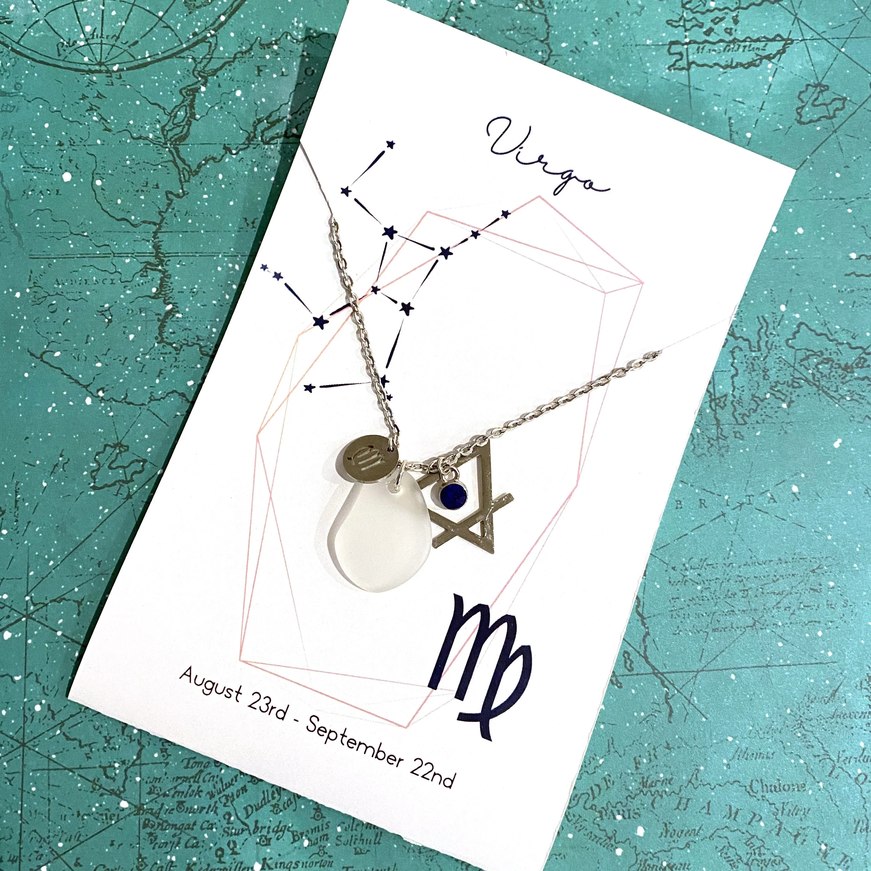 Virgo Constellation Necklace with White Sea Glass, Custom Birthstone, and Earth Element