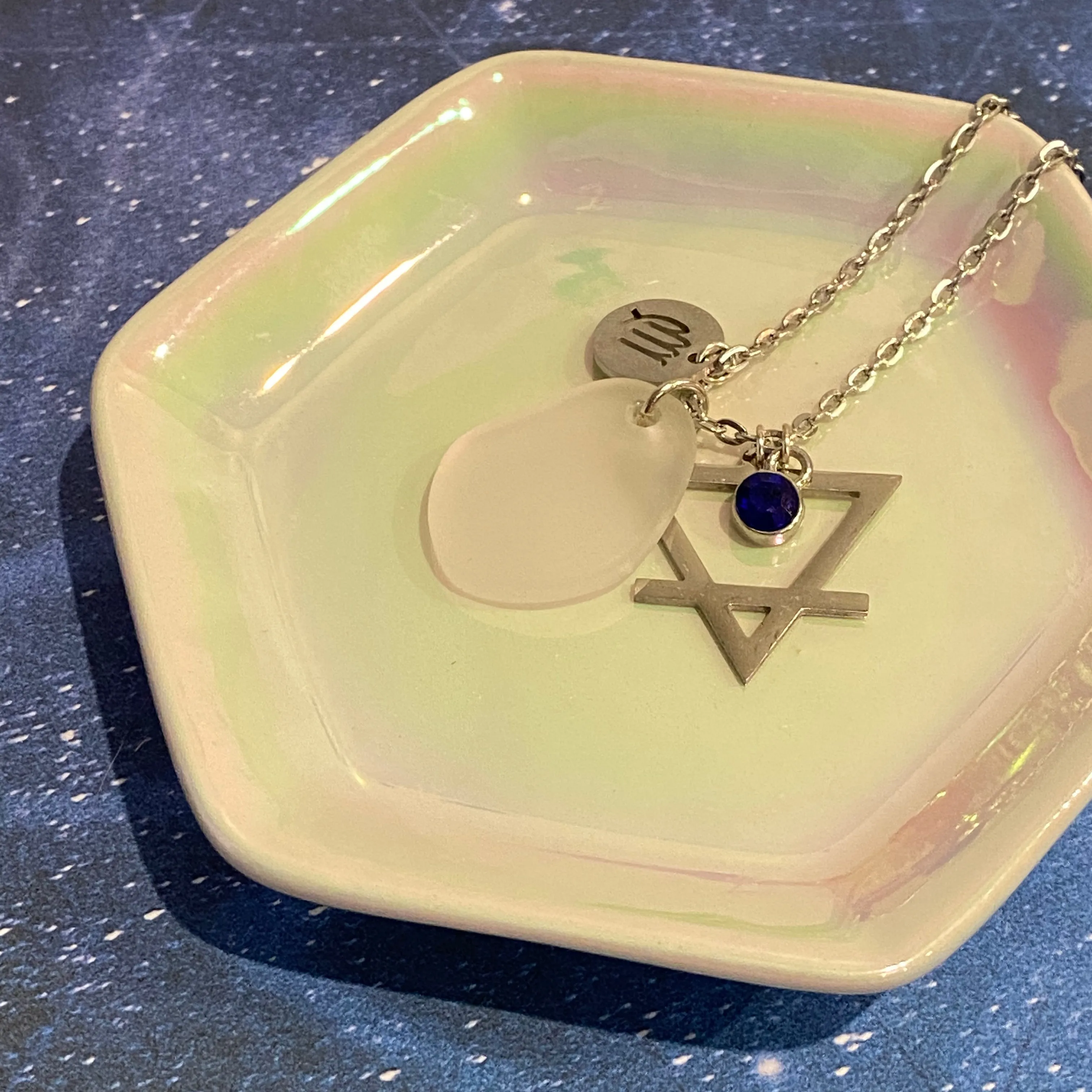 Virgo Constellation Necklace with White Sea Glass, Custom Birthstone, and Earth Element