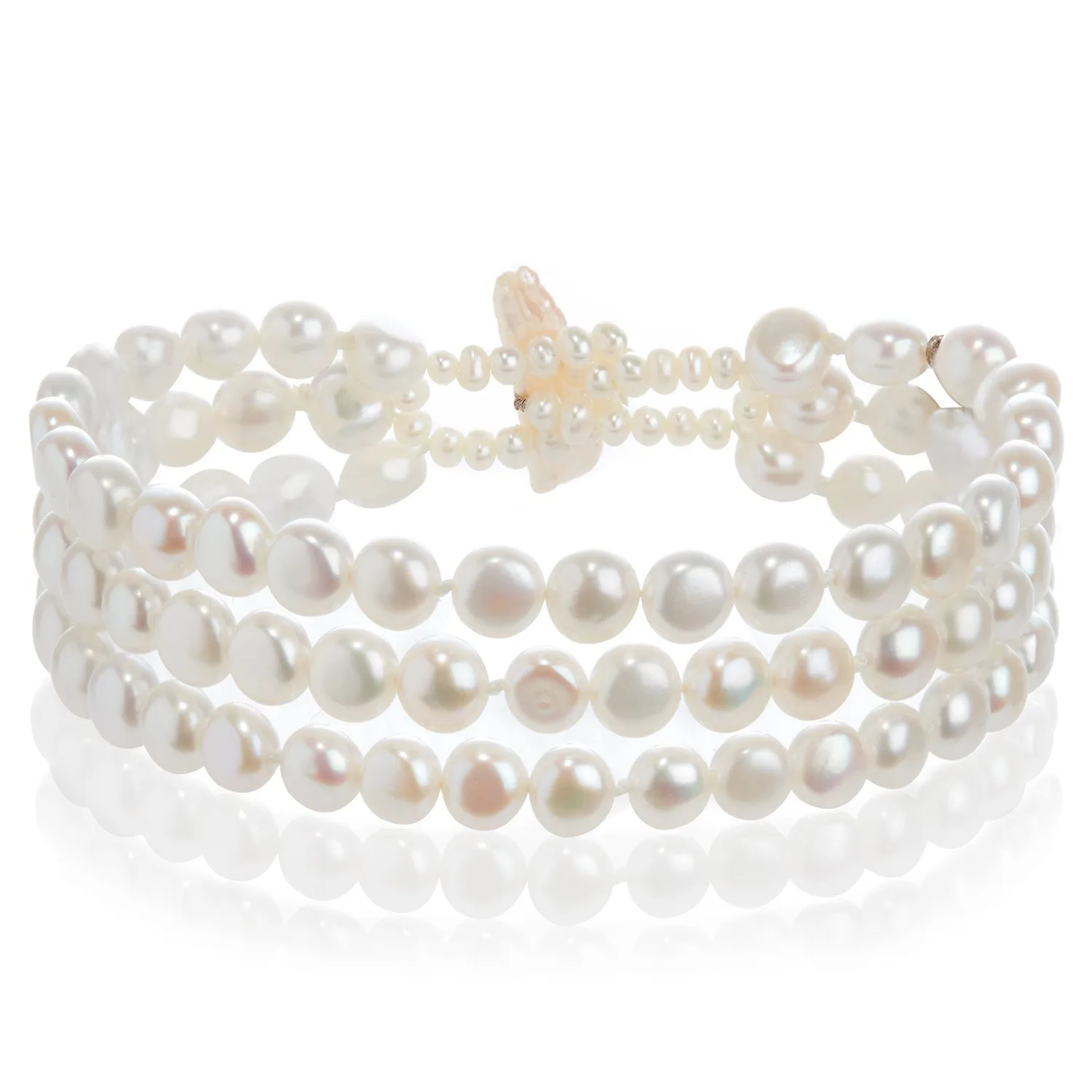 White Freshwater Biwa Pearl 3 Strand Bracelet