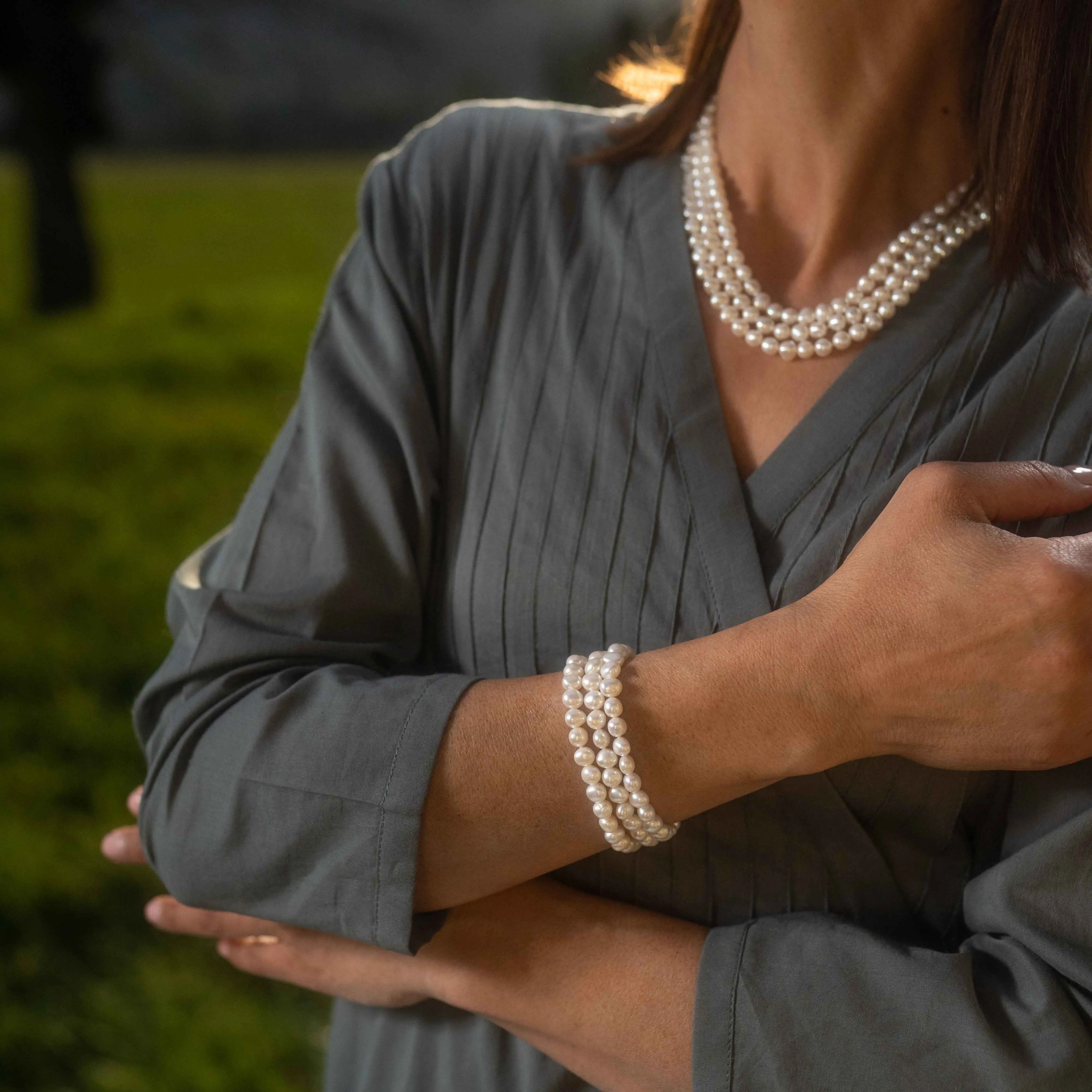 White Freshwater Biwa Pearl 3 Strand Bracelet