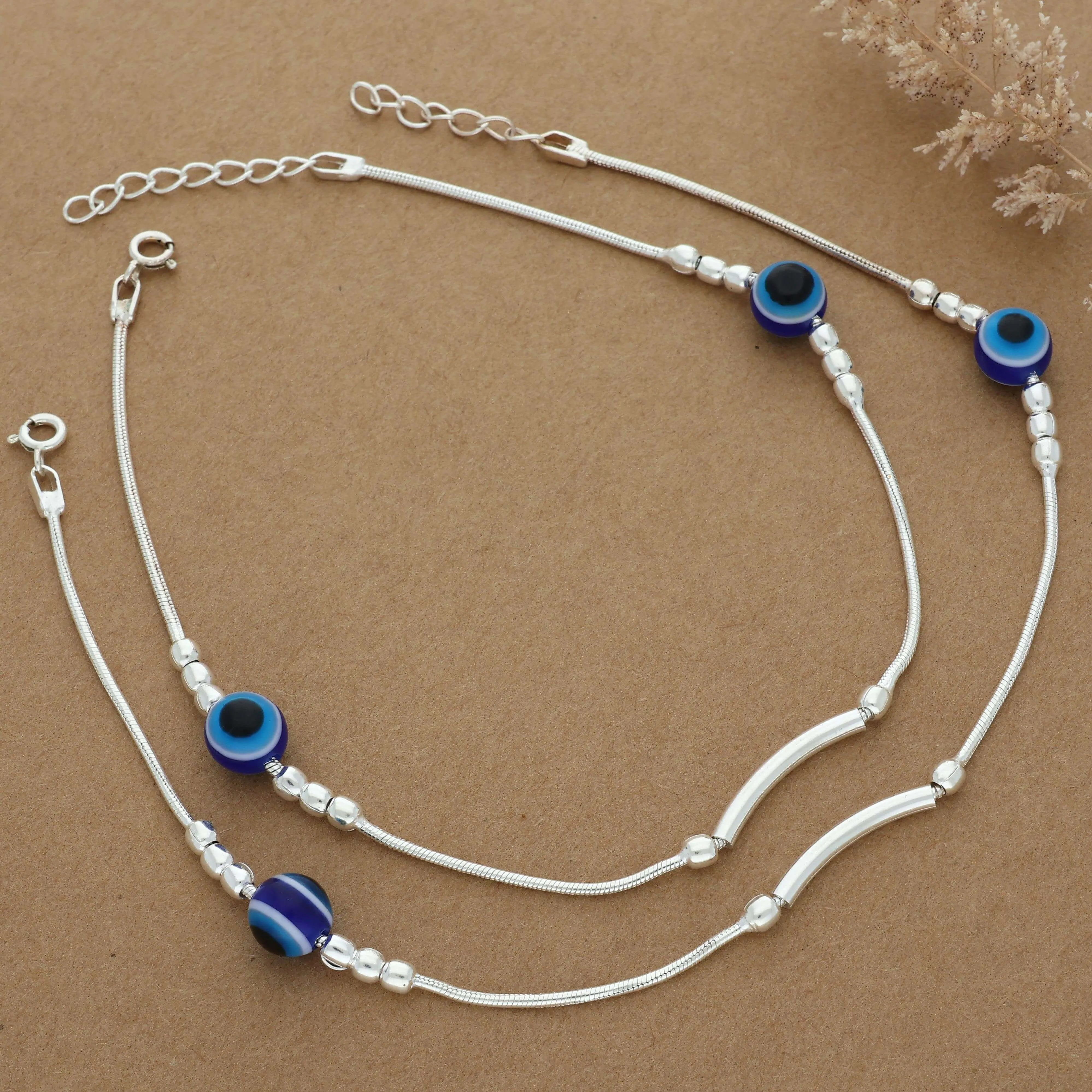 Winsome Evil Eye Beads Adjustable Silver Anklet
