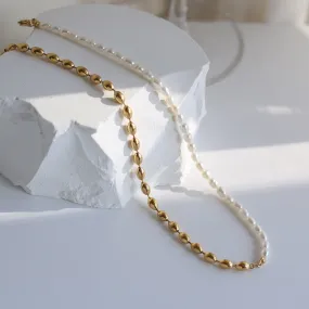 Women Trendy Necklace | Gold Jewelry For Girlfriend | Pearl Necklace | Half Pearl & Half Gold Beaded Chain Necklace | Beaded Pearl Necklace